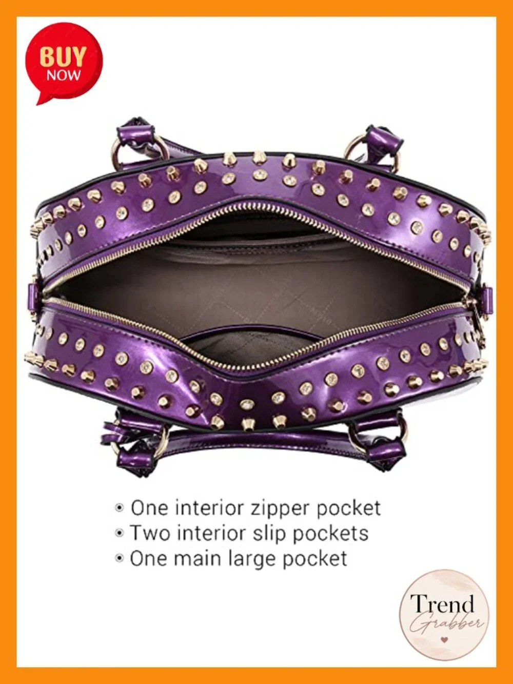 Faux Patent Leather Dome Satchel Purse with Rhinestone Studs, Structured Work